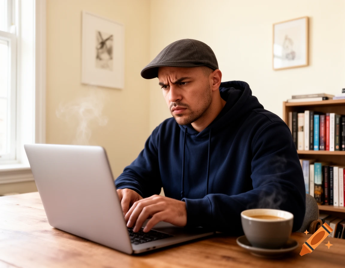 Man in a cap intently working on a laptop at a wooden desk with a steaming cup of coffee.