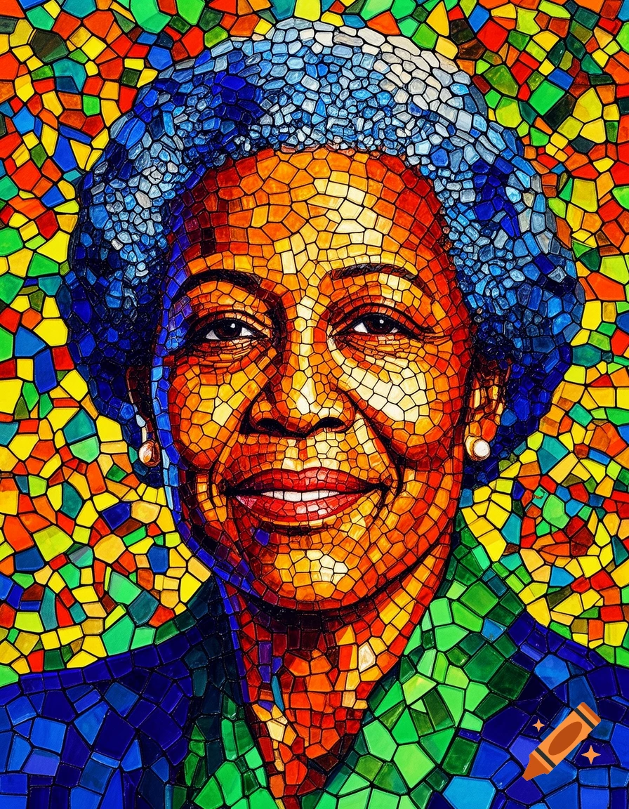 Vibrant mosaic portrait of a smiling woman with blue hair, made from colorful stained glass shards.