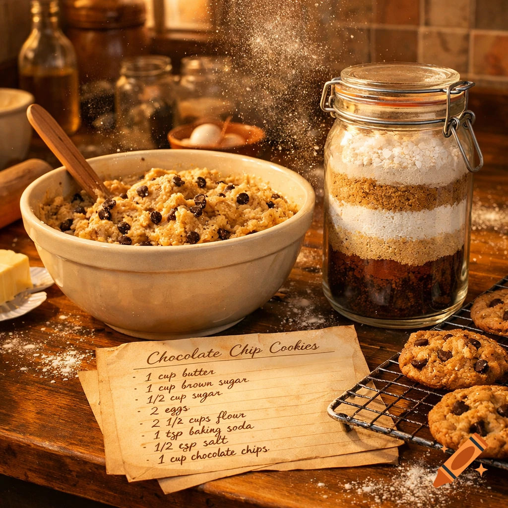 Close-up of chocolate chip cookie dough in a bowl, a recipe card, a jar of layered dry ingredients, and baked cookies on a cooling rack in a warm kitchen setting.