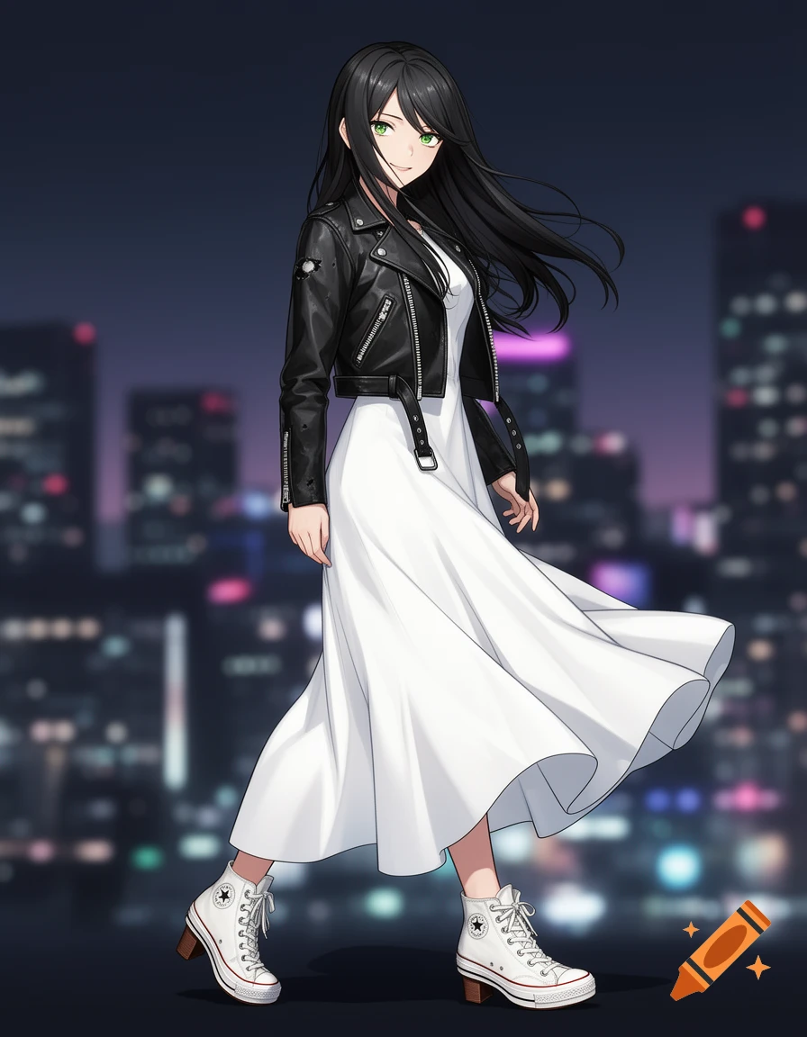 An anime woman with long black hair and green eyes wears a white dress ...