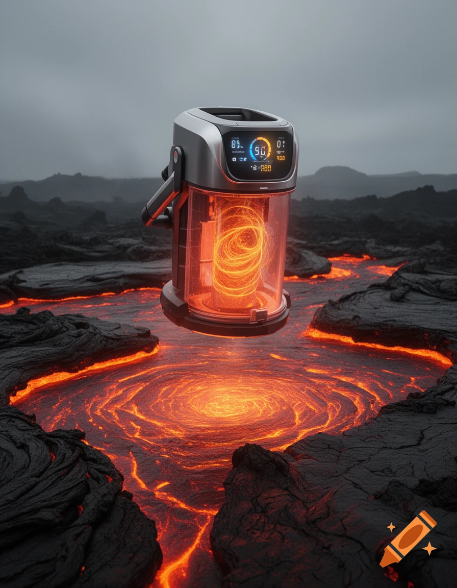 A futuristic sci-fi device with glowing coils floats above a swirling lava river in a volcanic landscape.