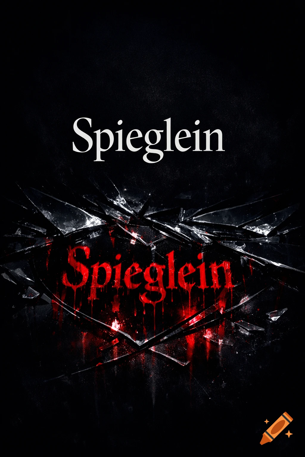 The word 'Spieglein' in white over a black background, with a red, dripping, broken glass reflection below.