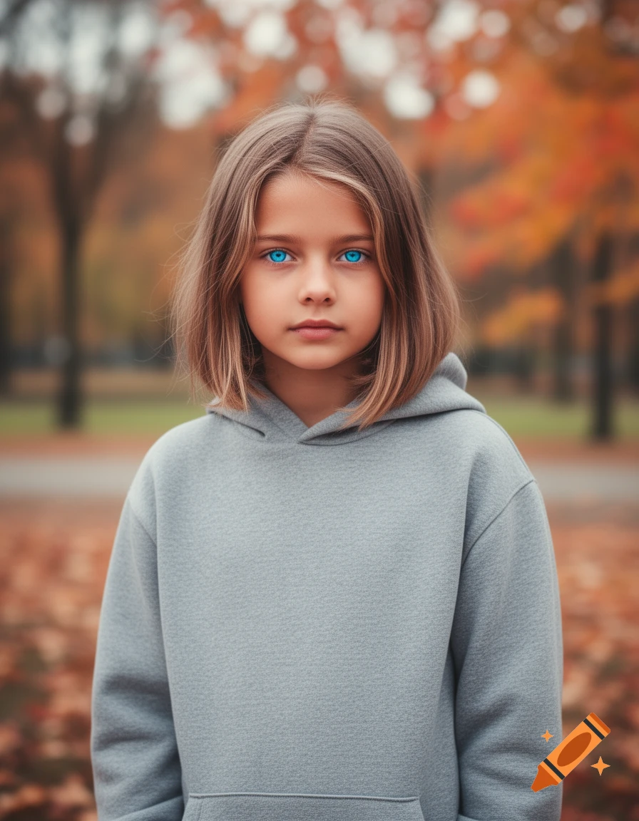 Photorealistic portrait of a young girl with light brown hair and piercing blue eyes, wearing a gray hoodie in an autumn park.