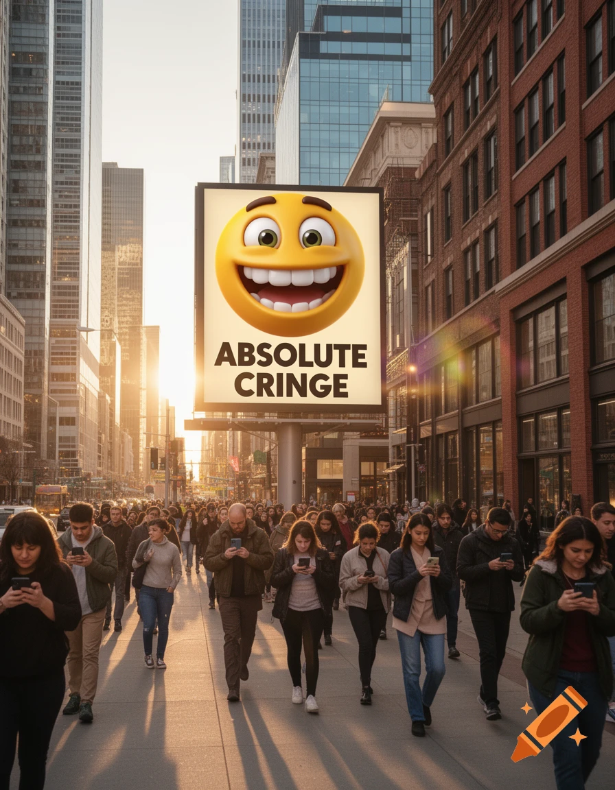 A photorealistic cityscape at sunset with many people walking on a street, looking at phones. A large billboard shows a grinning emoji and 'ABSOLUTE CRINGE'.