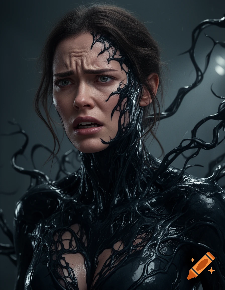 Close-up of a woman with a pained expression, black symbiotic goo flowing over her face, neck, and chest, in a realistic, cinematic style.