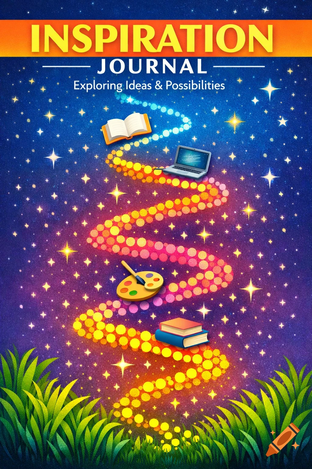 Colorful graphic cover for an 'Inspiration Journal' with books, a laptop, and a paint palette on a starry background.