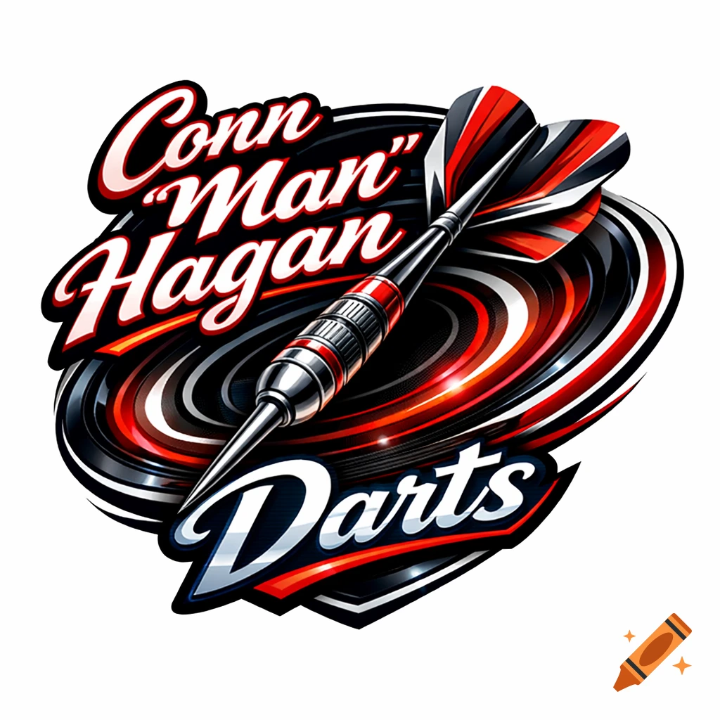 Stylized logo for Conn 'Man' Hagan Darts, featuring a dart in red, black, and white with a swirling background.