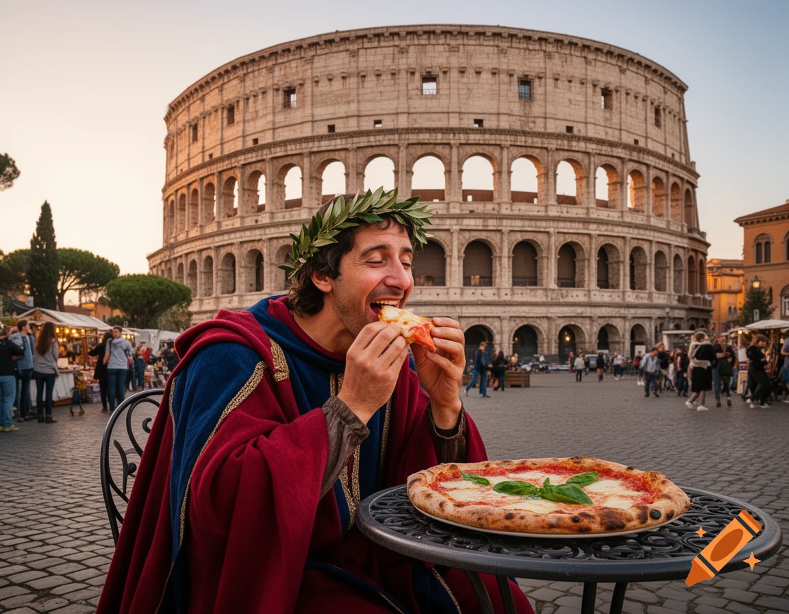 A man in a red and blue toga with a laurel wreath enthusiastically eats a slice of pizza at a table in front of the Colosseum.