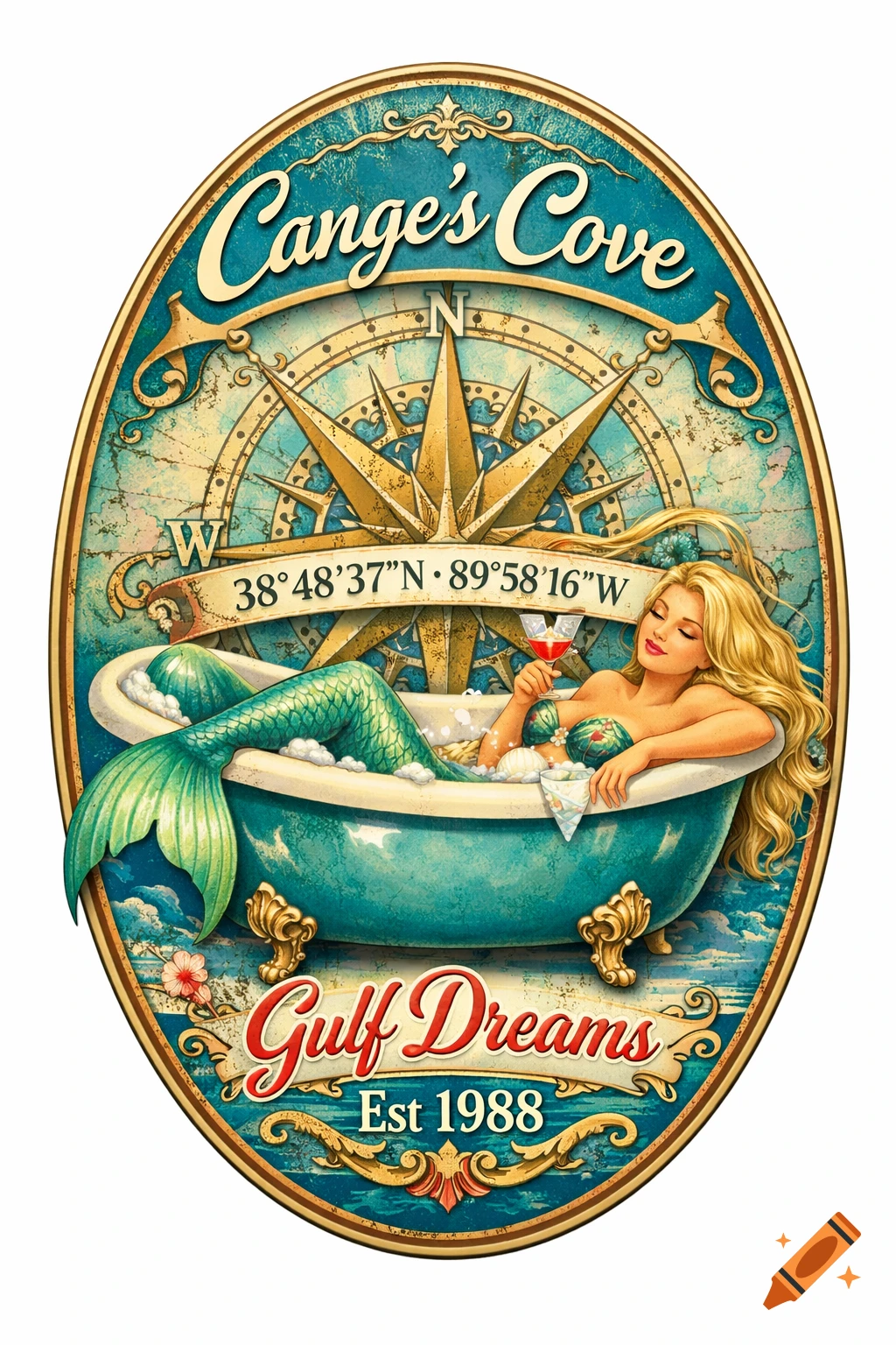 Vintage oval logo of a blonde mermaid in a teal clawfoot tub against a compass rose, with text 'Cange's Cove' and 'Gulf Dreams Est 1988'.