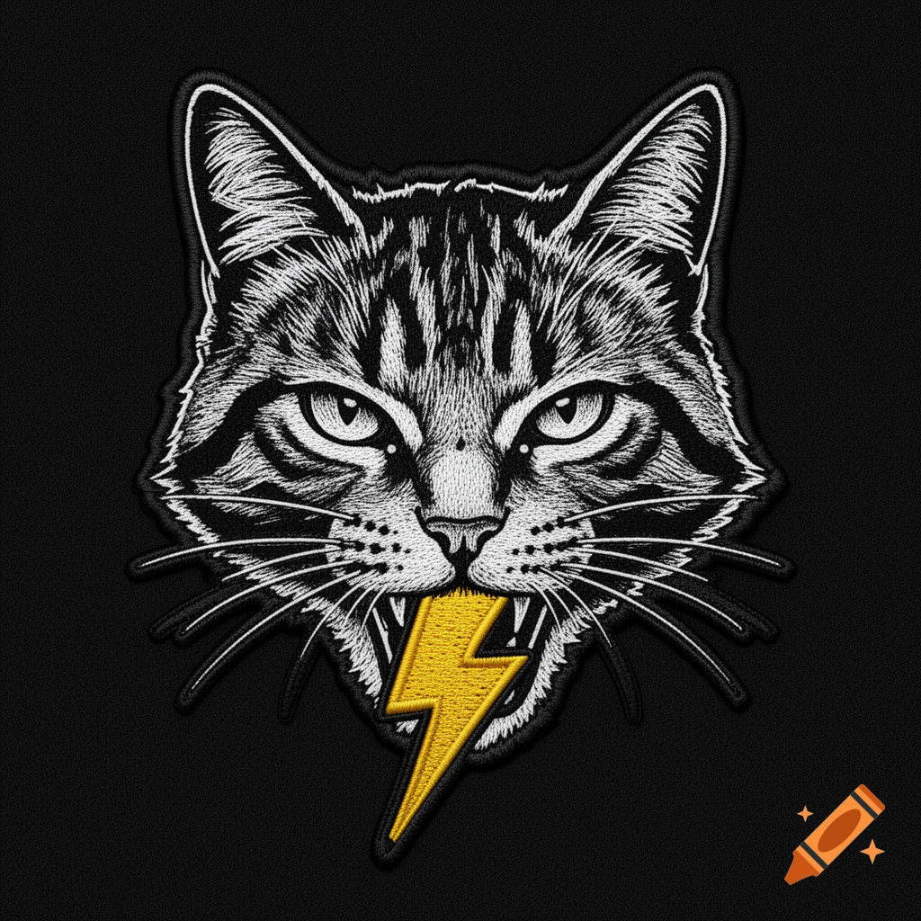 A monochrome embroidered cat's face patch with a yellow lightning bolt clenched in its jaw on a black background.