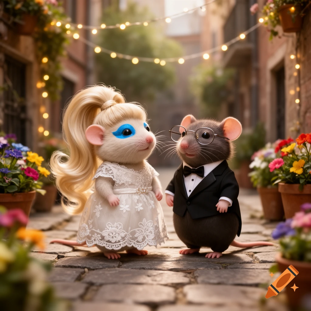 Two cartoon rats, one with a blonde ponytail and white dress, the other in a tuxedo and glasses, stand on a cobblestone path with string lights.