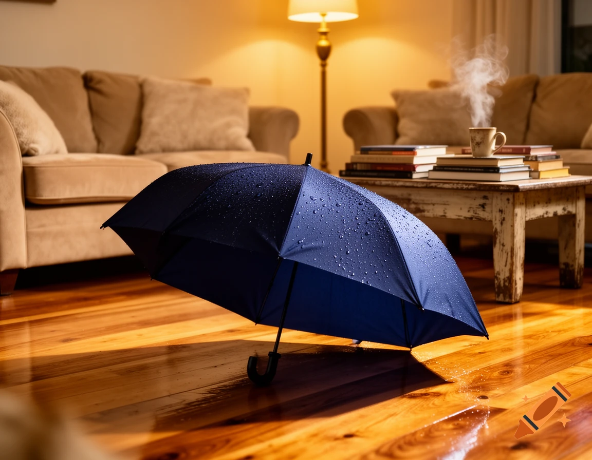 A wet navy umbrella lies on a shiny wooden floor in a cozy living room, with a steaming mug and books on a table.