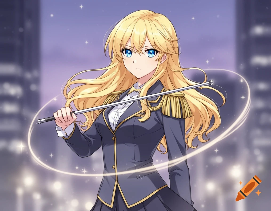 Blonde anime girl with blue eyes in a dark blue uniform with gold epaulets, holding a silver baton against a blurry city night background.