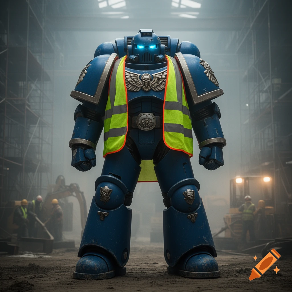 A blue Warhammer 40k Space Marine wearing an oversized high-visibility safety vest stands in a misty construction zone.