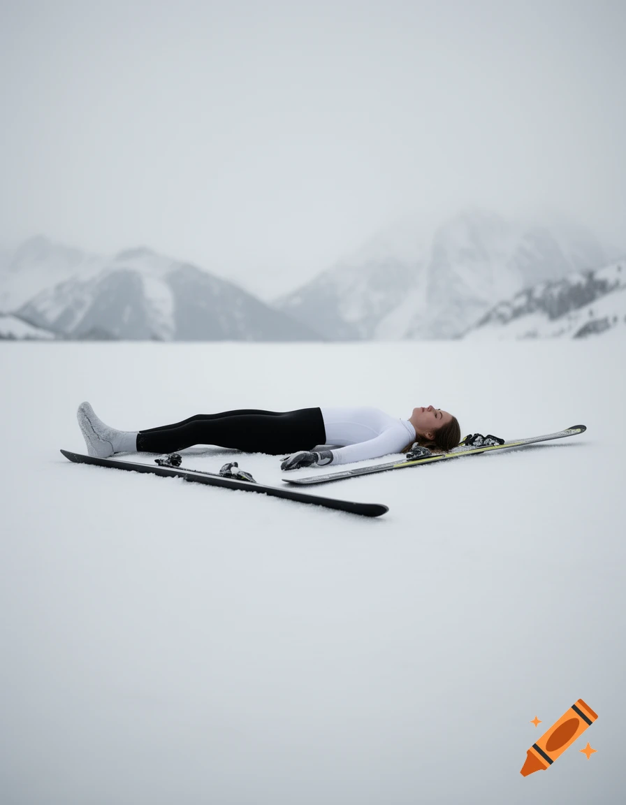 A person in a white top and black pants lies supine on skis in a vast snowy landscape with distant mountains.