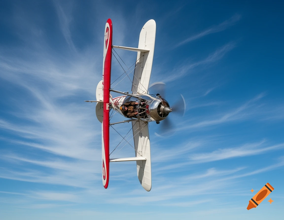 A side view of a vintage Waco biplane flying inverted against a blue sky with wispy clouds.