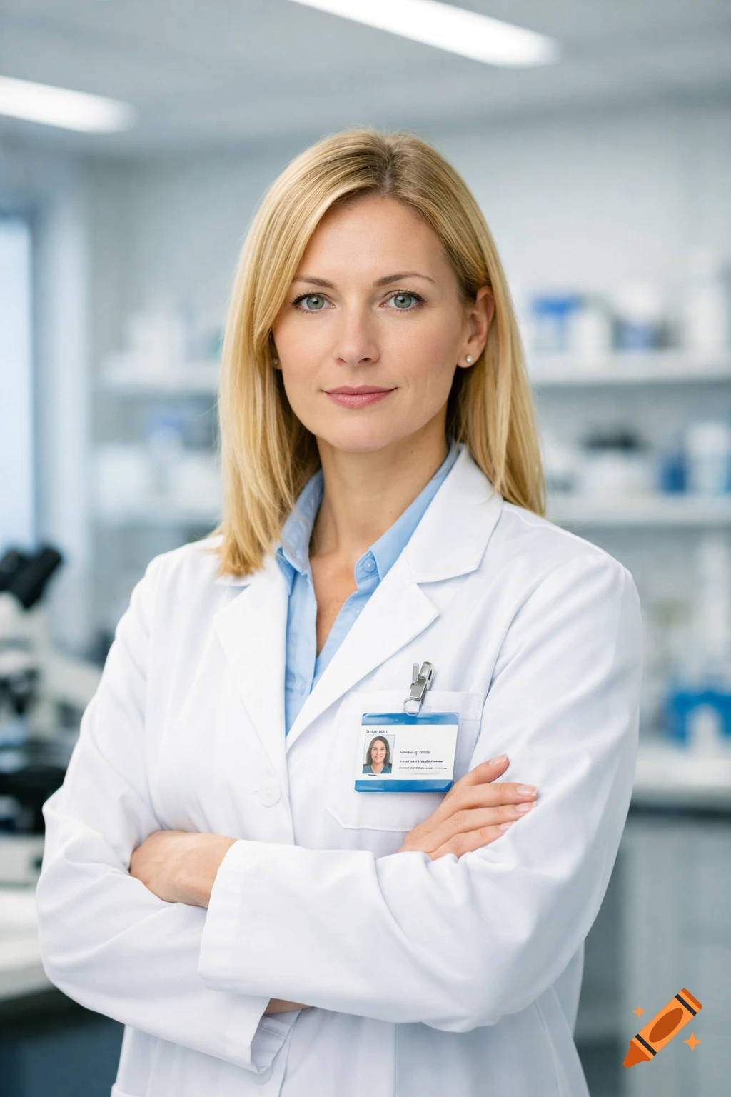 A photorealistic portrait of a professional blond woman scientist in a lab coat, with arms crossed, in a laboratory.