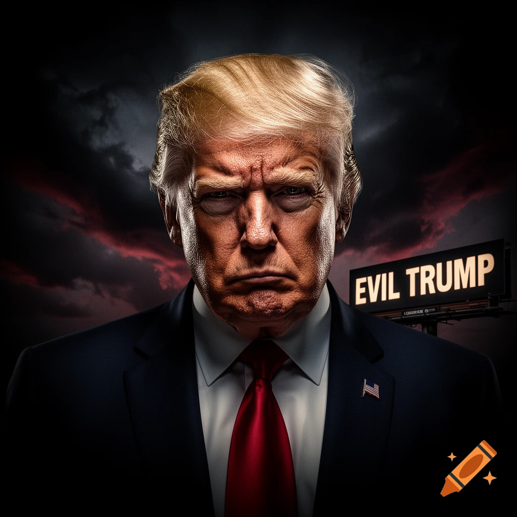 Dramatic photorealistic portrait of Donald Trump with an angry expression, stormy sky, and 'EVIL TRUMP' billboard.