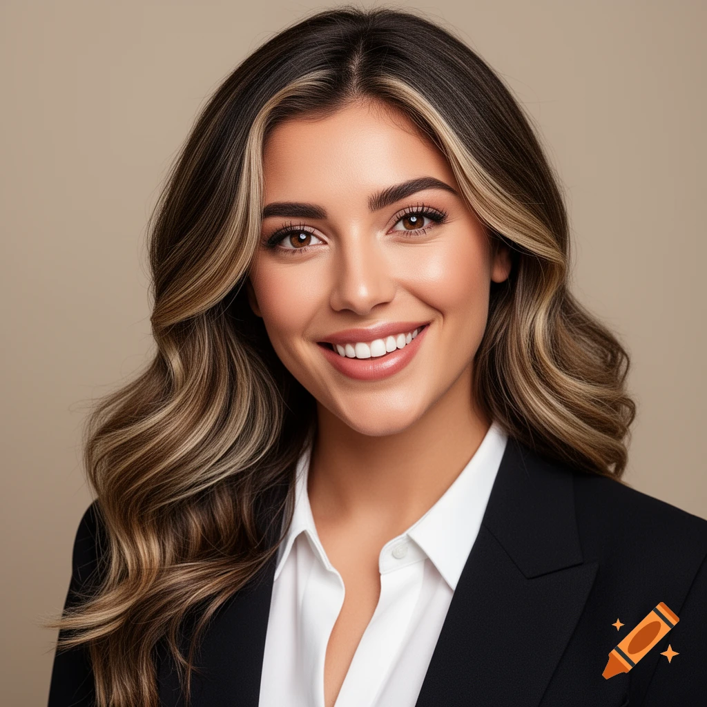 Photorealistic headshot of a smiling woman with highlighted wavy brown hair in a black blazer and white shirt against a neutral background.