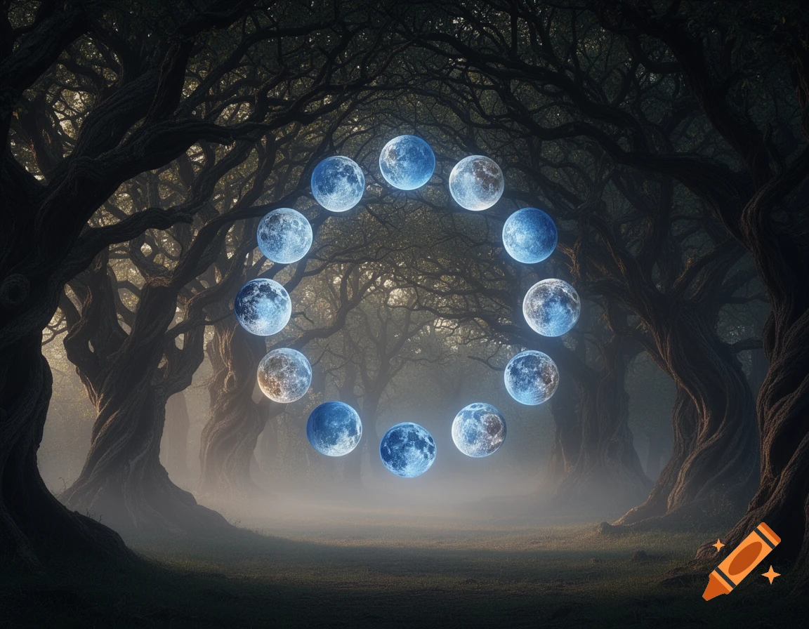 A magical forest with large, gnarled trees forming a canopy over a misty ground, with twelve glowing moons arranged in a circle in the center.