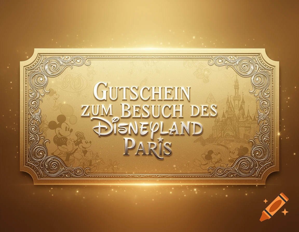 A golden, ornate Disneyland Paris voucher with embossed text, featuring Mickey and Minnie Mouse and Cinderella's Castle in the background.