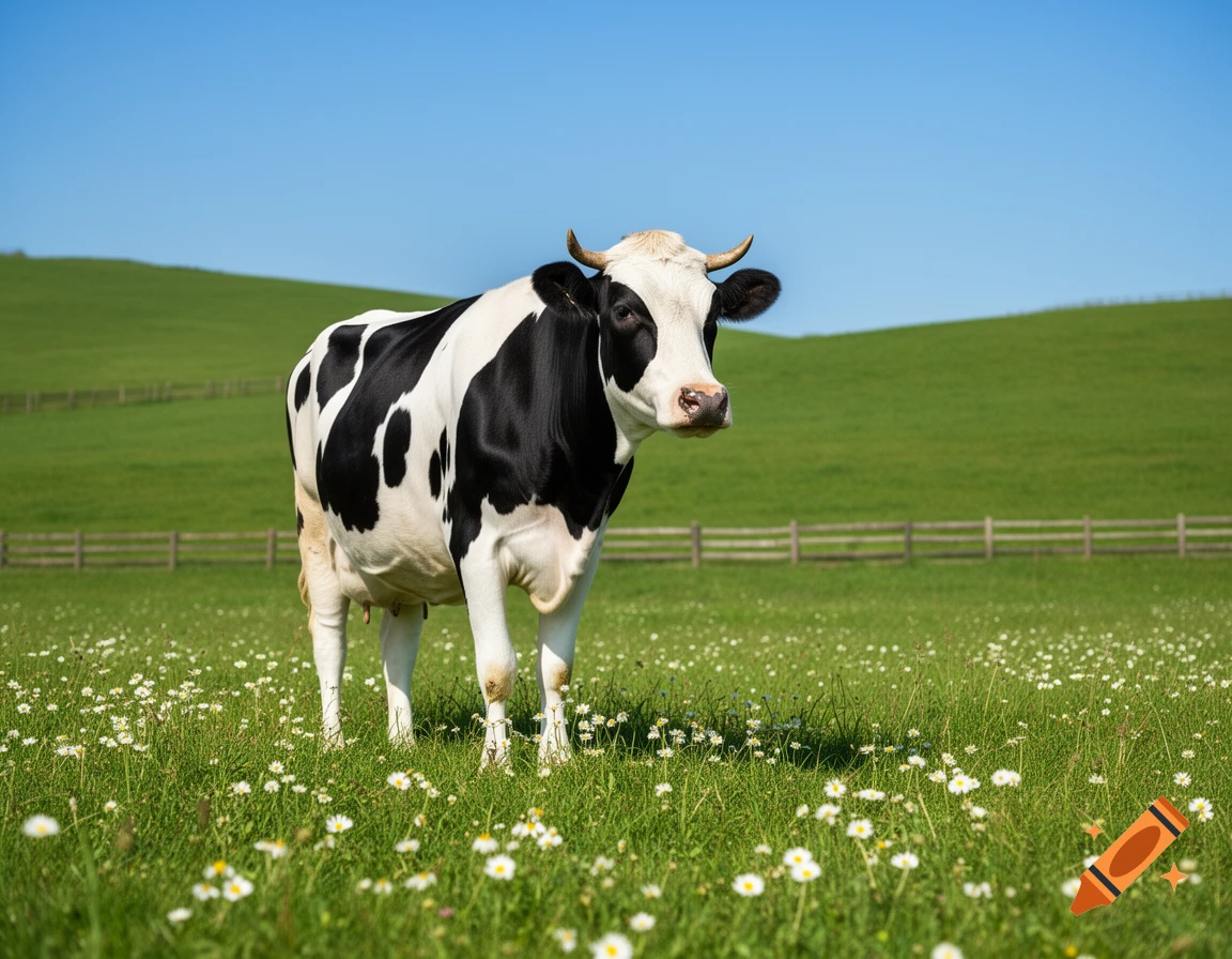 A black and white cow stands in a lush green field filled with white flowers under a clear blue sky.