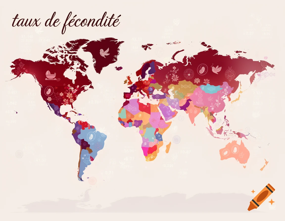 Stylized world map titled 'taux de fécondité' with continents in varied colors and adorned with fertility-related symbols.
