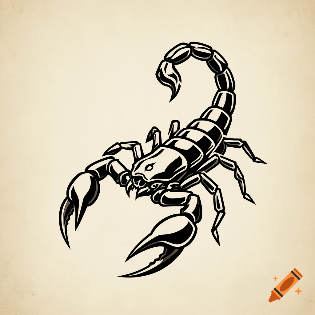 Stylized black and white scorpion tattoo stencil on a light beige background.