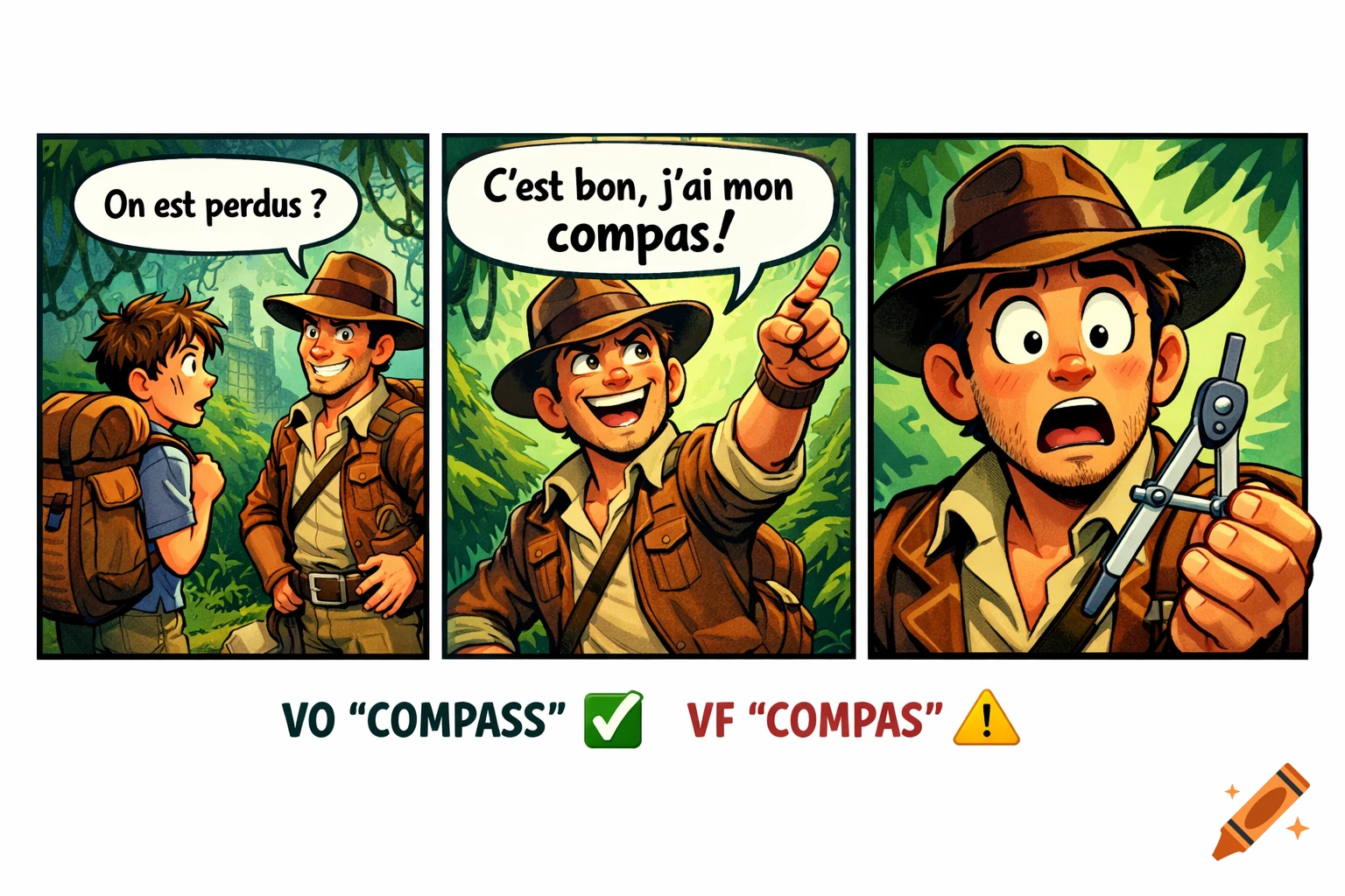 A colorful three-panel comic strip in cartoon style. An adventurer and a boy are lost in a jungle. The adventurer confidently states he has his 'compass' but is holding a geometry compass.