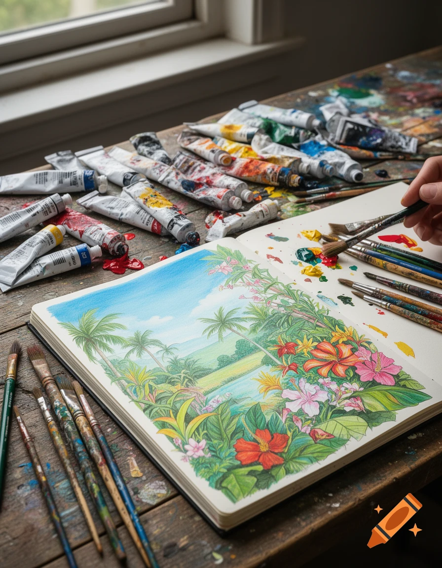 A hand paints a tropical landscape in a sketchbook, surrounded by tubes of paint and brushes on a wooden artist's table.