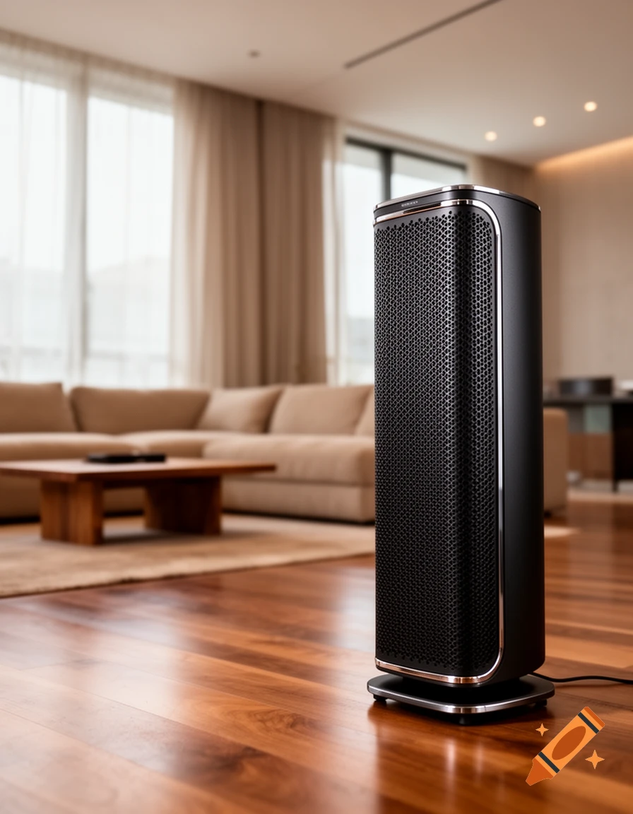 A modern black speaker with a mesh grille and silver accents stands on a wooden floor in a minimalist living room.