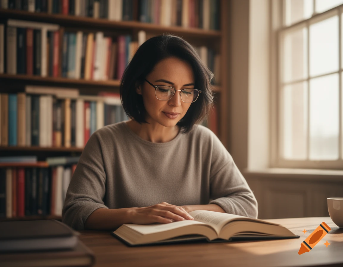 A woman with short dark hair and glasses reads an open book at a wooden desk in a library.