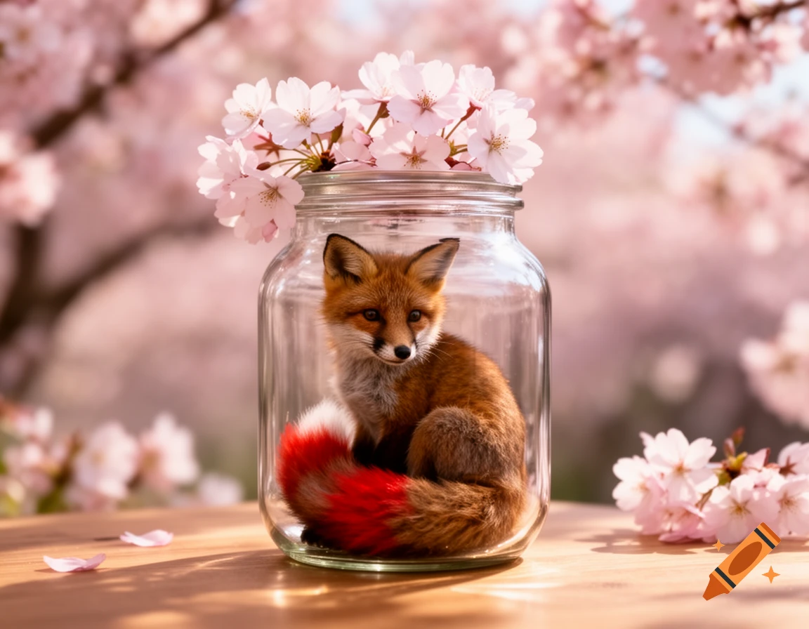 A cute kitsune fox with a red-tipped tail sits inside a glass jar, adorned with cherry blossoms on top, against a soft pink cherry blossom background.