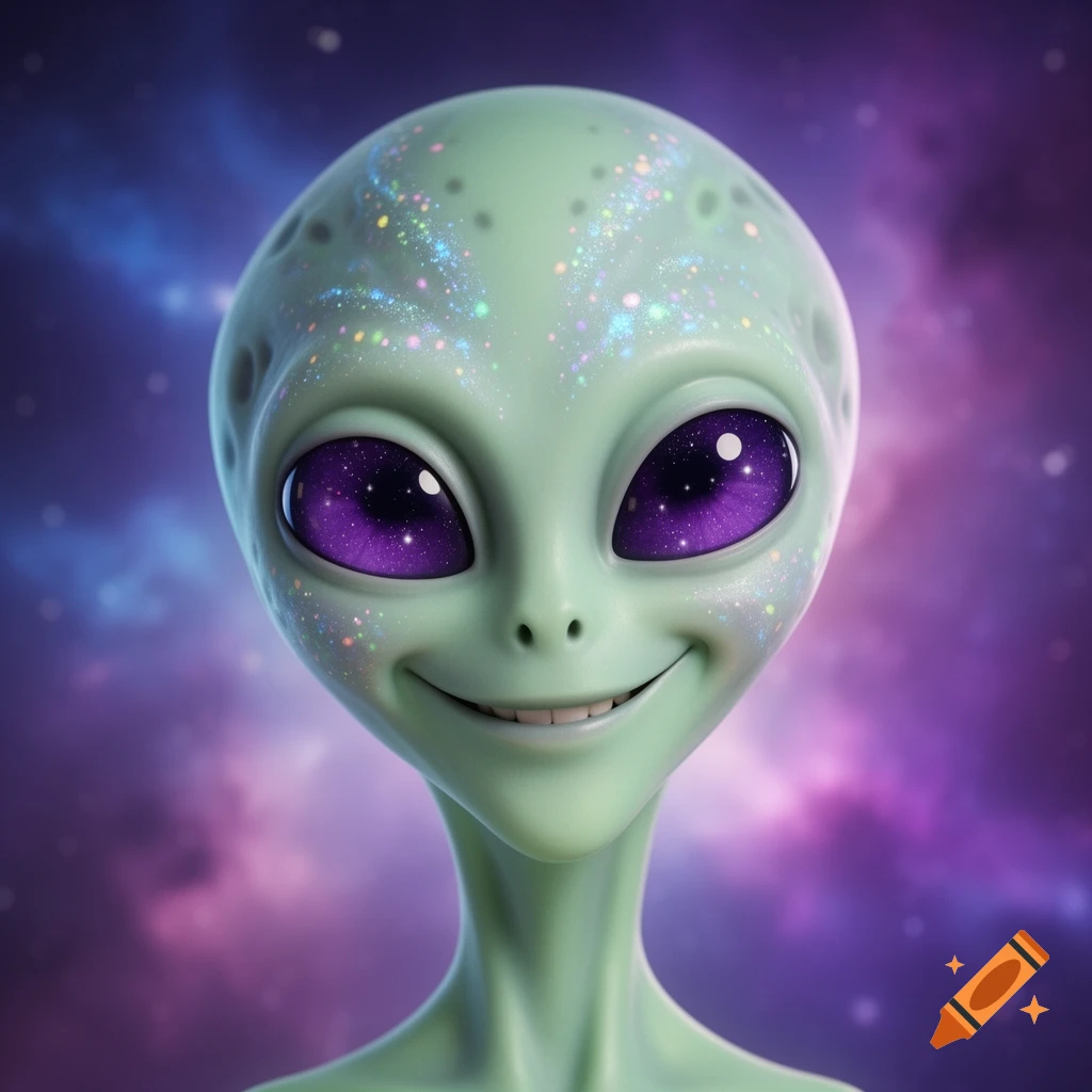 A friendly smiling light green alien with sparkling purple eyes and glitter on its head against a purple nebula background.