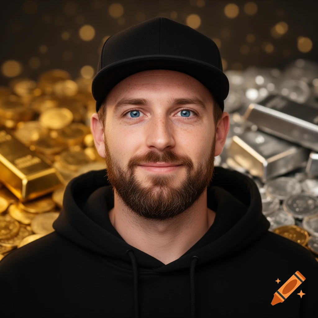 Photorealistic portrait of a bearded man with blue eyes, wearing a black cap and hoodie, against a blurred background of gold and silver.