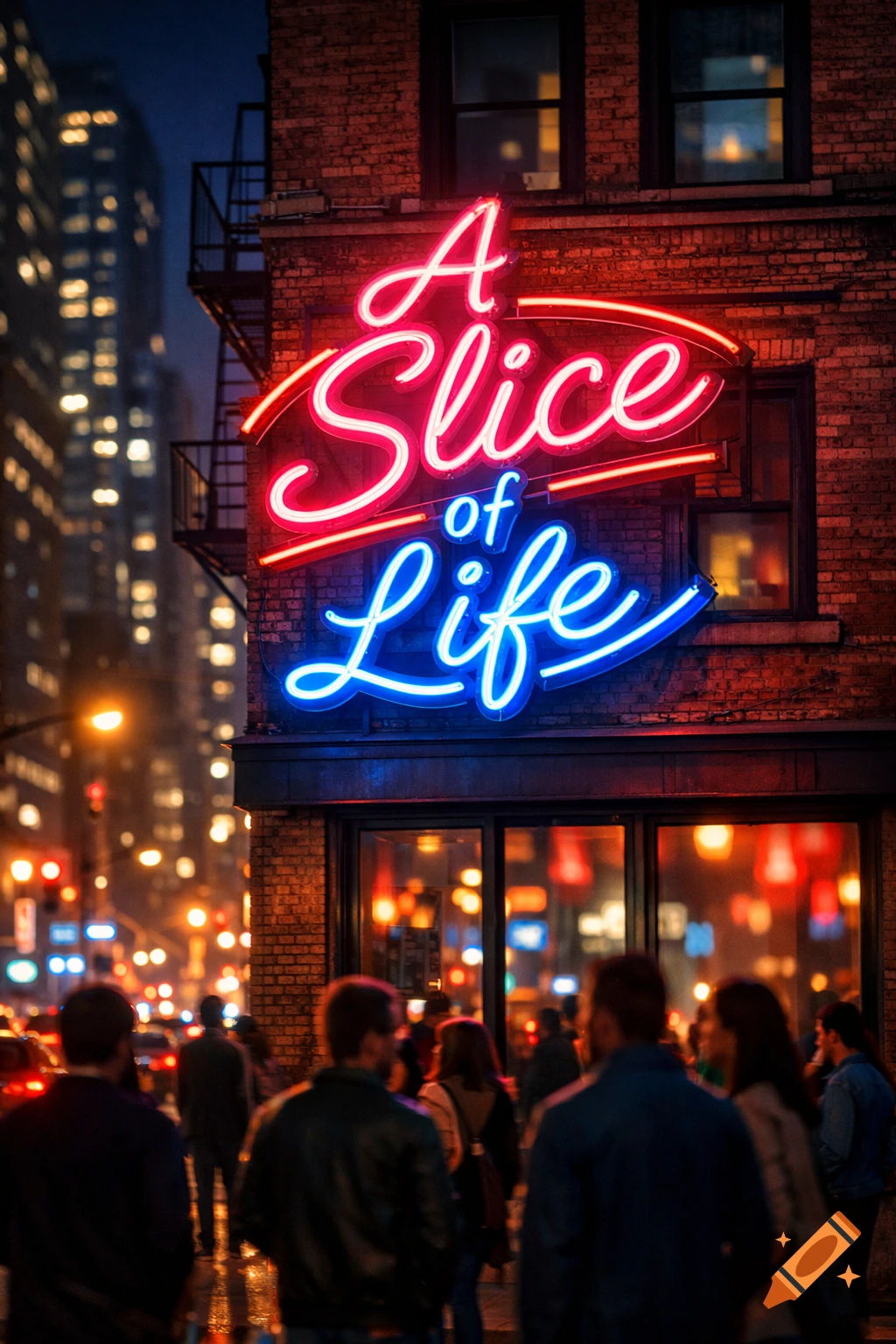 A vibrant neon sign 'A Slice of Life' on a brick building illuminates a bustling city street at night with blurred pedestrians.