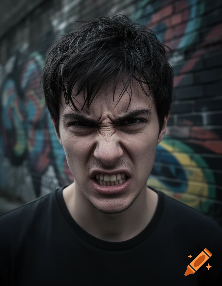 A young man with dark hair snarls intensely at the camera, showing teeth, against a blurry graffiti-covered brick wall.