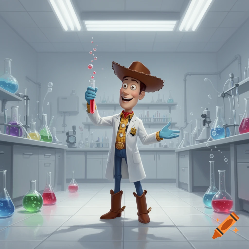 Woody from Toy Story in a lab coat and gloves, holding a test tube with red bubbling liquid in a laboratory.