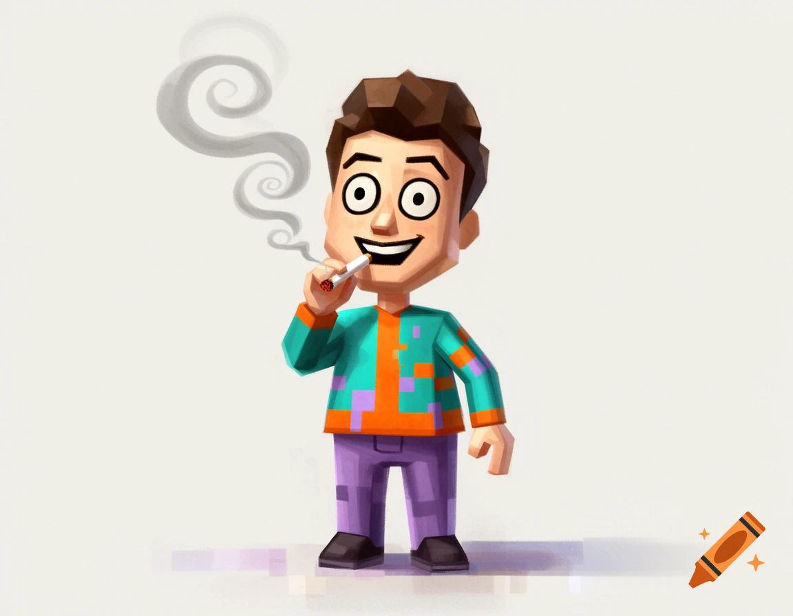 A cartoon man in Mii/Sims style, wearing a colorful patterned shirt and purple pants, smiling while smoking a cigarette.
