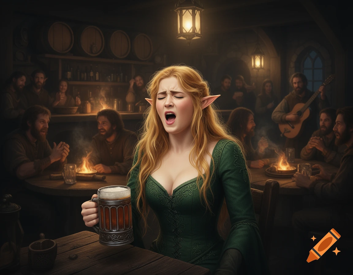 A fair-haired elf maiden with pointy ears and a green dress burps loudly, holding a beer mug in a dimly lit, crowded fantasy tavern.