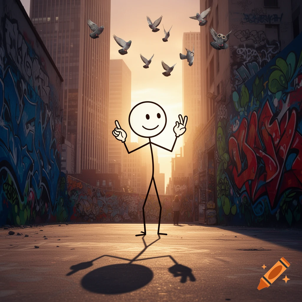 A stick figure stands in an urban alleyway covered in graffiti, making a peace sign as pigeons fly overhead during sunset.