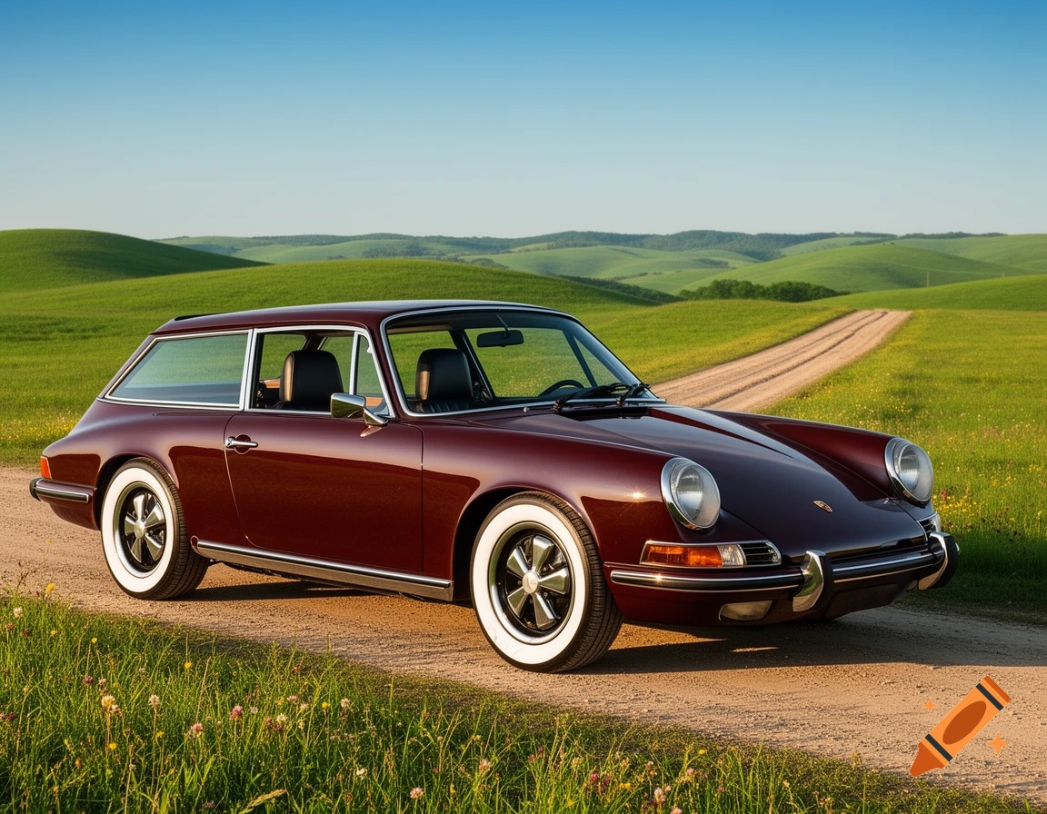 A classic burgundy Porsche wagon with whitewall tires sits on a dirt road amidst green rolling hills under a blue sky.