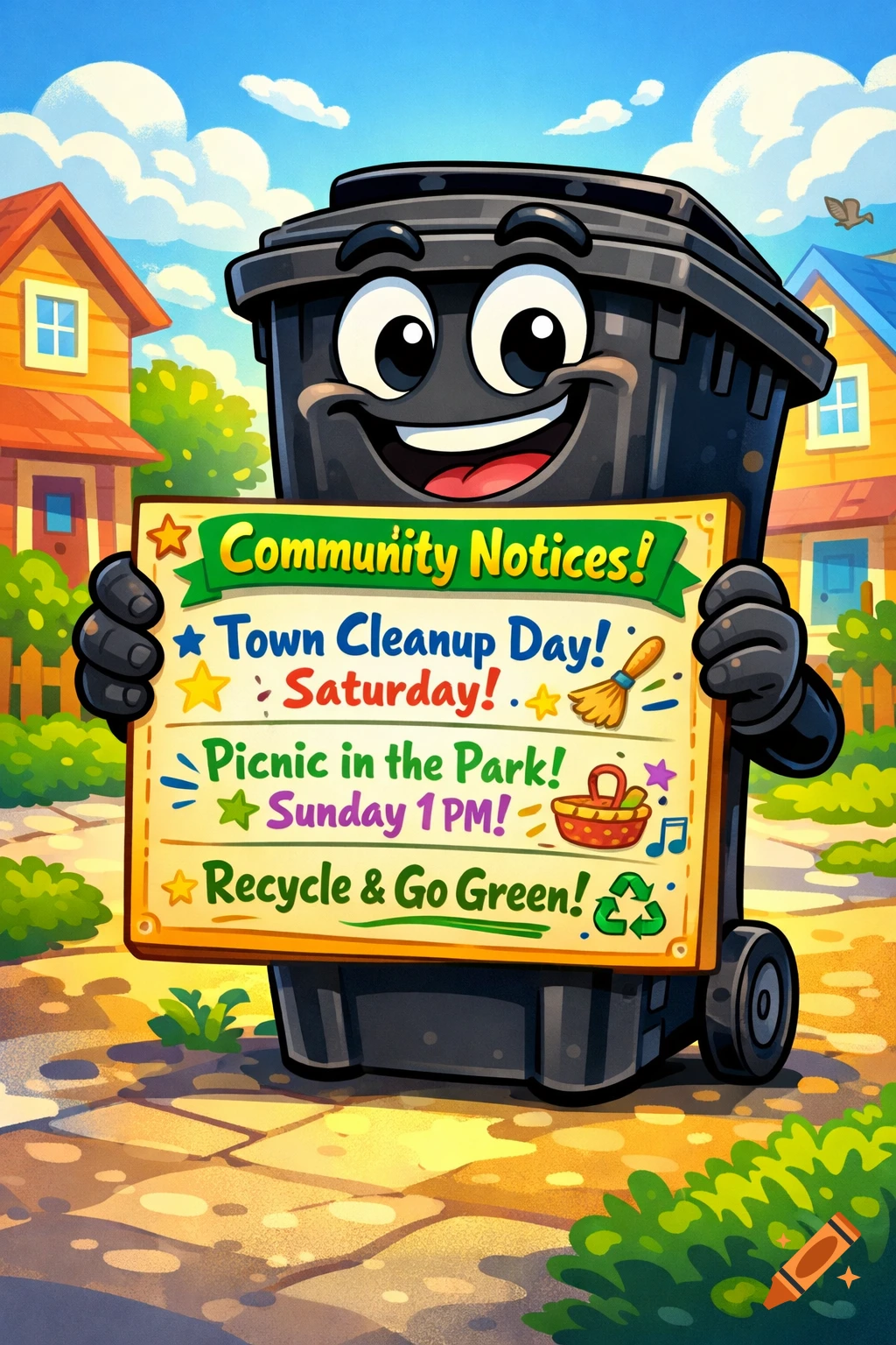 A cheerful cartoon black wheelie bin holds a community notice board with event details and a 'Recycle & Go Green!' message, on a sunny street.
