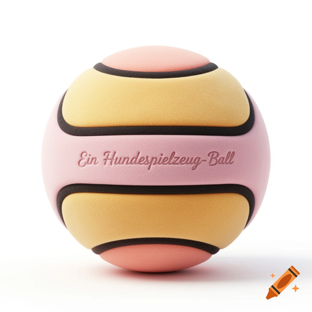 A cute 3D cartoon-style dog toy ball with "Ein Hundespielzeug-Ball" inscribed, featuring pink, yellow, and black stripes on a white background.