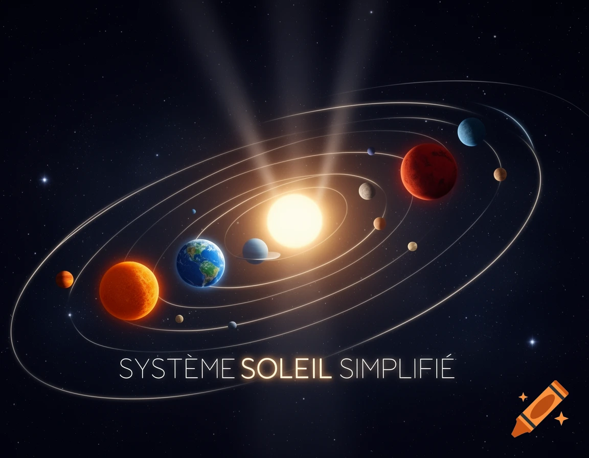 A simplified diagram of the solar system showing the sun and multiple planets orbiting it, with stars in the dark background. Text reads "SYSTÈME SOLEIL SIMPLIFIÉ".