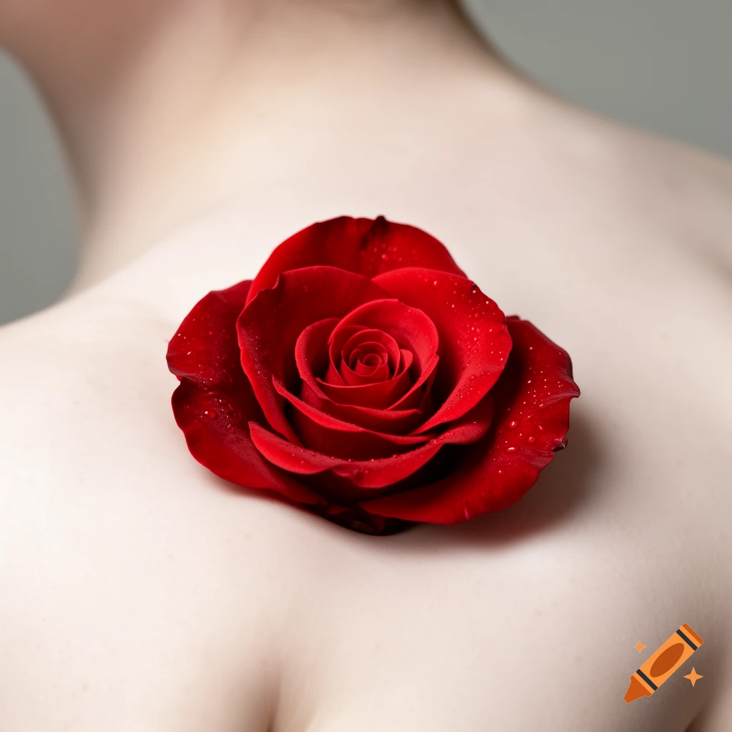 Close-up of a vibrant red rose with water droplets on pale skin, likely a shoulder or chest, against a soft gray background.