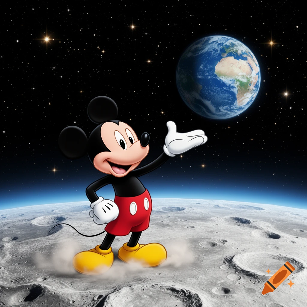 Mickey Mouse stands on the moon's surface, gesturing with one hand, with Earth and stars visible in the dark space background.