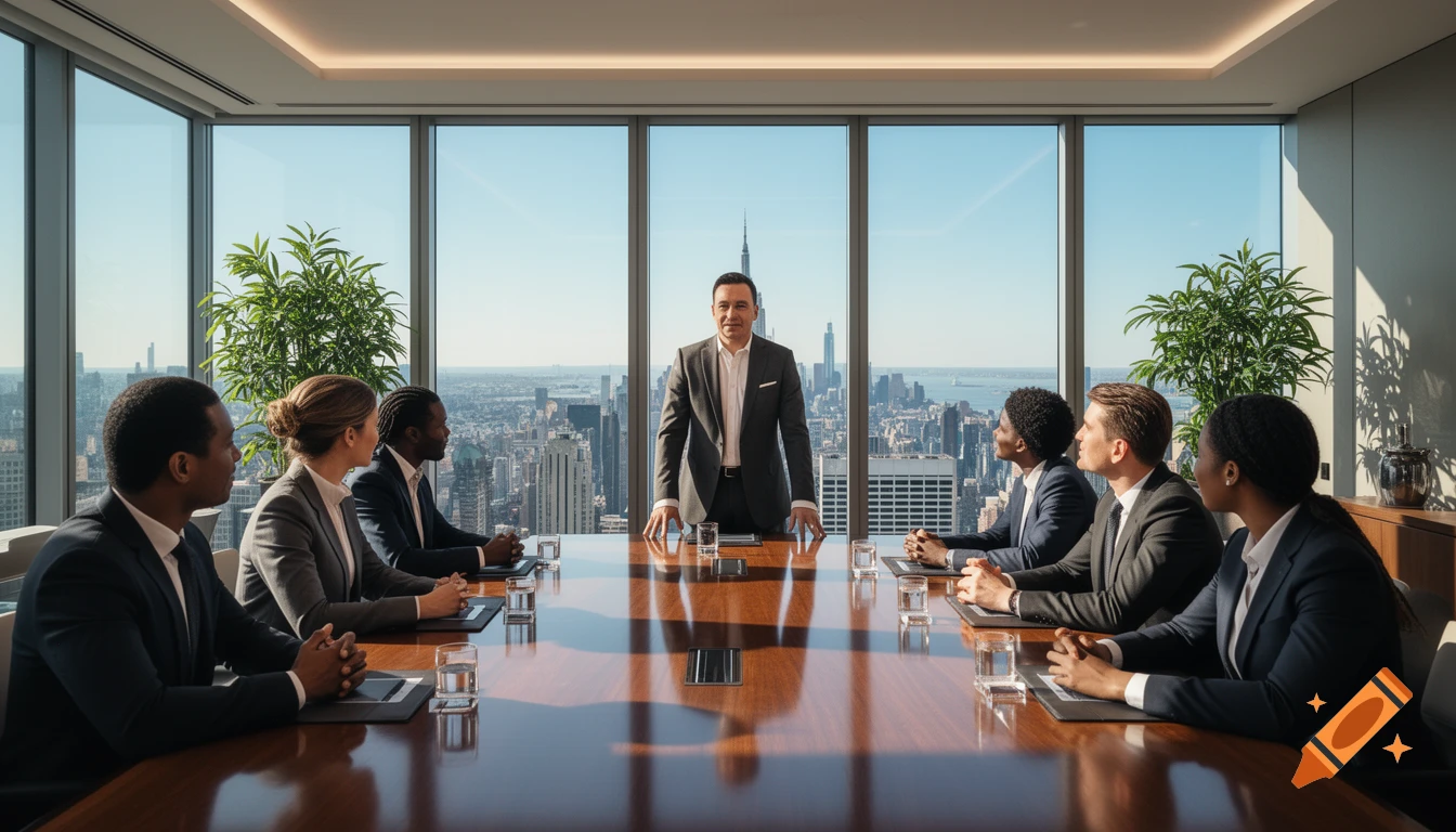 Photorealistic image of a CEO leading a board meeting in a high-rise office with a panoramic view of the New York City skyline.