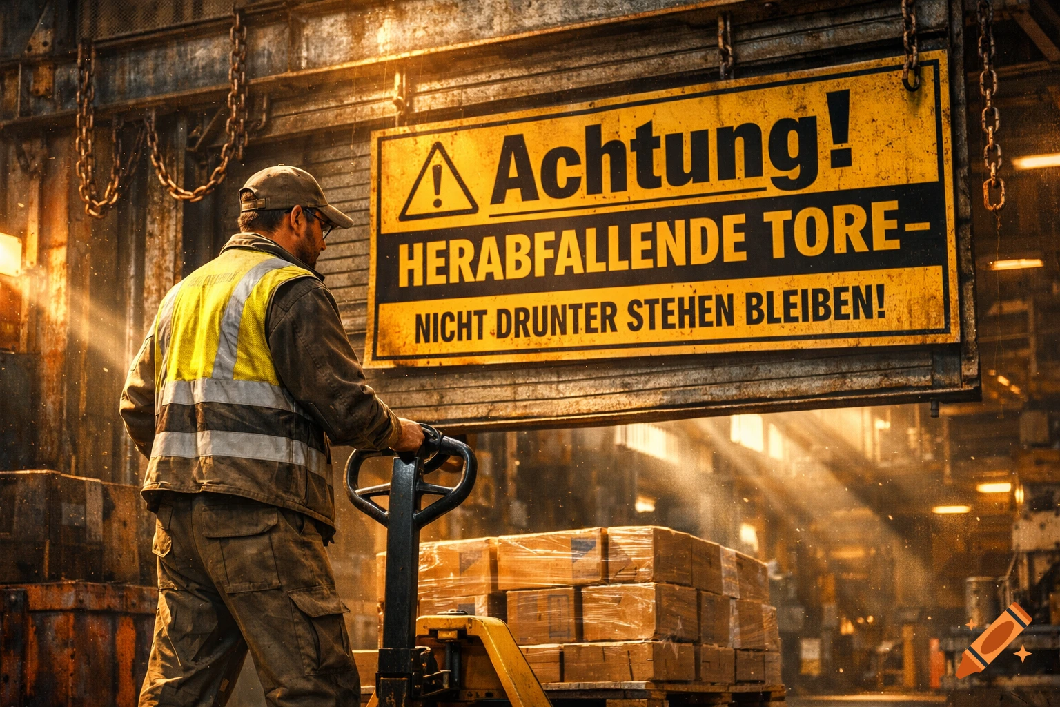 A worker in a safety vest pushes a pallet jack with wrapped boxes in an industrial setting under a yellow warning sign. Photorealistic.