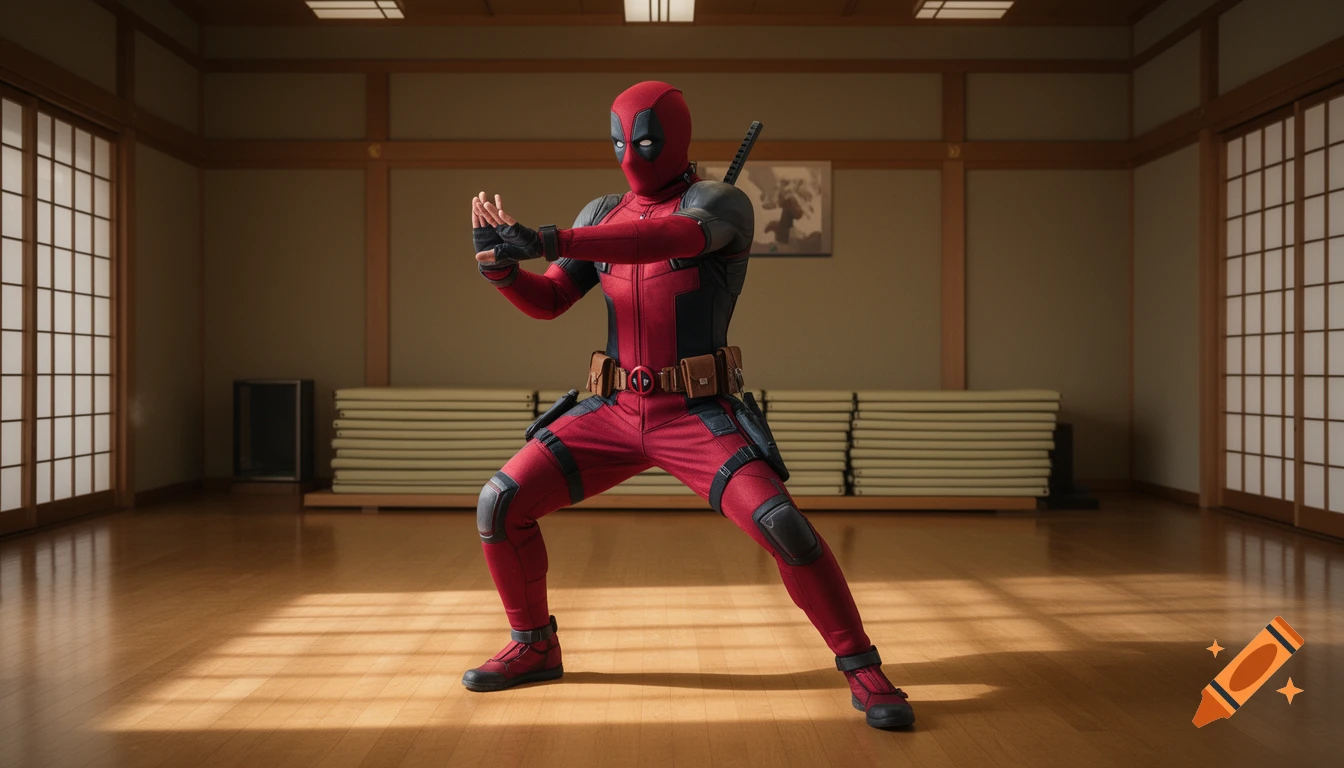Deadpool in his red and black suit performs a martial arts kata in a traditional Japanese dojo.